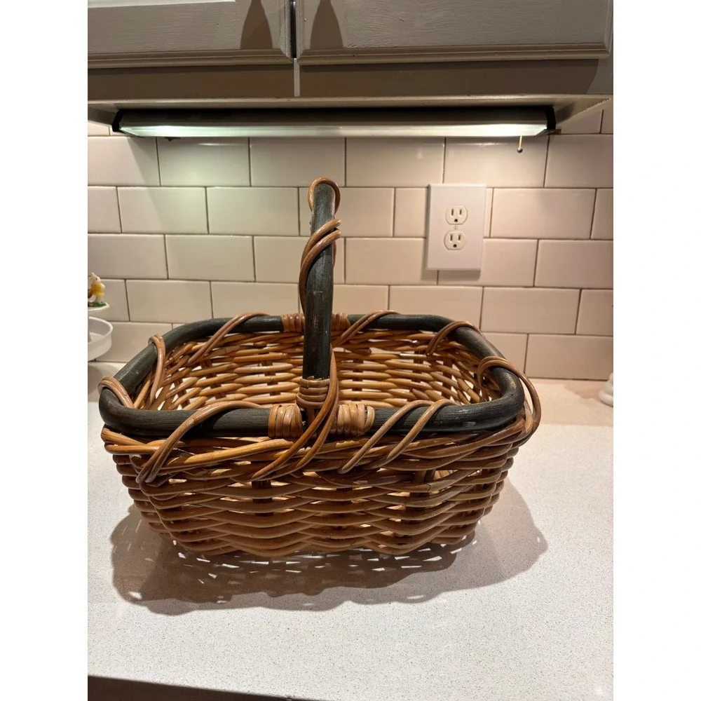 Vintage Woven Wicker Picnic Basket Two-Tone Green Handle Rectangular Farmhouse